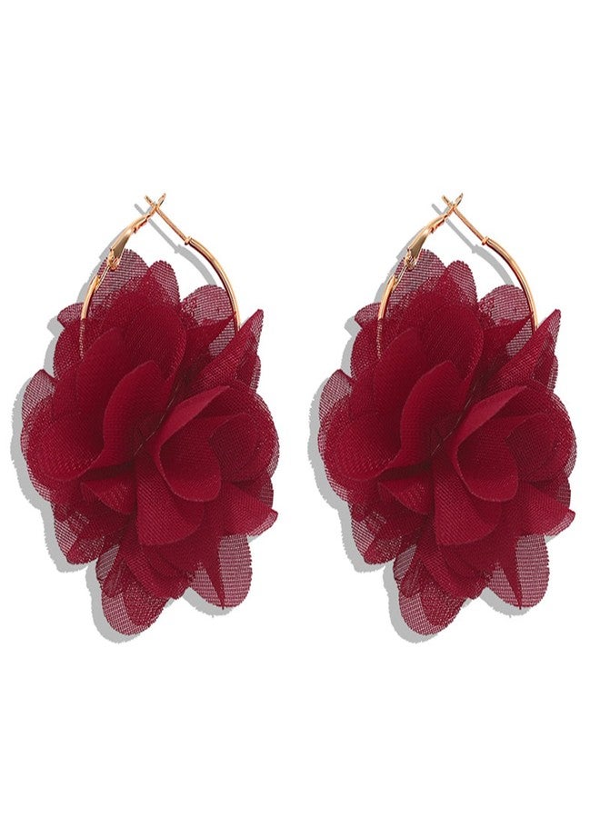 POYAMUSE Elegant Flower Petal Drop Earrings for Women - Chiffon Floral Hoop Earrings, Red/Pink/Burgundy Earrings - Flower Statement Earrings for Women - Burgundy - Image 1